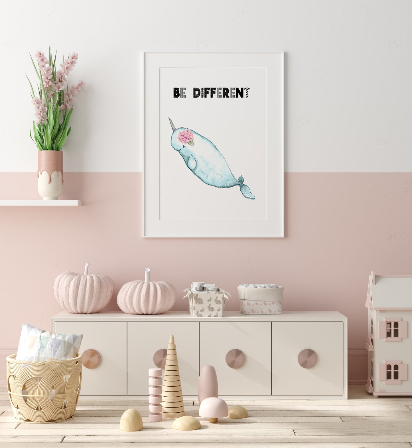 Floral Narwhal Nursery Print, Be Different - DIGITAL DOWNLOAD