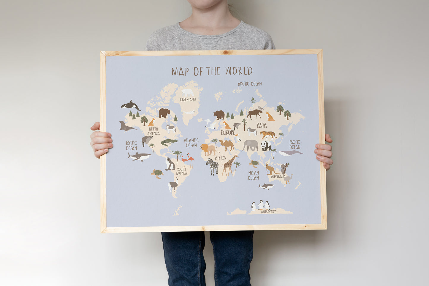 Amimal world map, PRINTABLE world map Wall Art, Educational Nursery Print