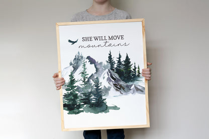 She will move Mountaians, PRINTABLE Forest Wall Art, Woodland Nursery Print