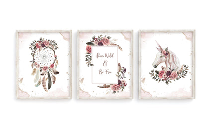 Dreamcatcher Wall Art, Boho Floral Nursery Prints set of 3