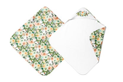 Floral Hooded Baby Towel, Baby Girl Bathroom Towel - Peach Mint Garden