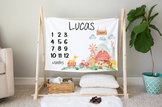 Personalized Farm Milestone Blanket, Barnyard baby month blanket - Farm Babies