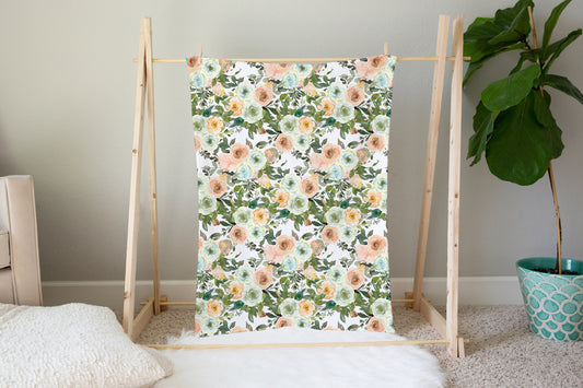 Floral Minky Blanket, Girl Bedding - Peach Mint Garden