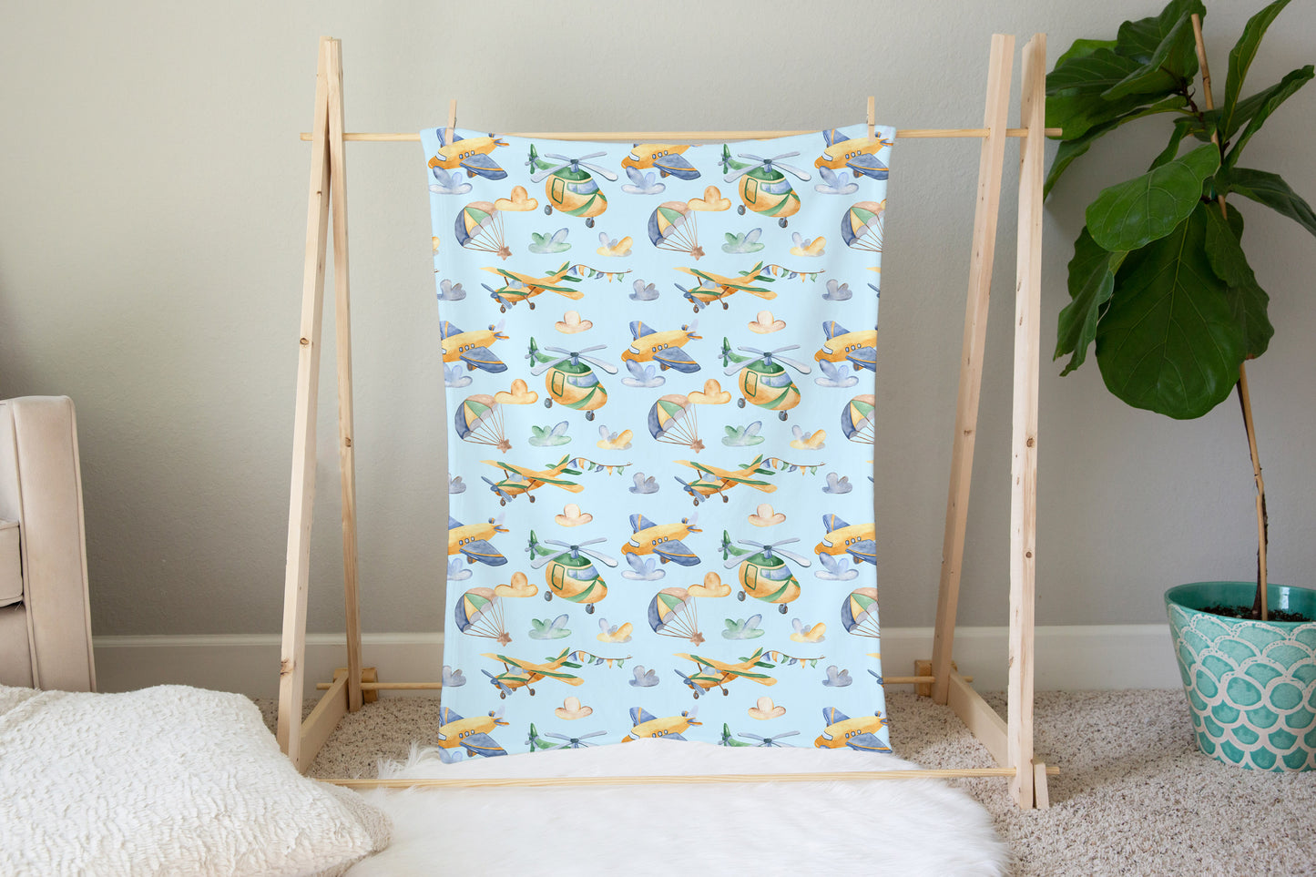 Airplanes and Helicopters Minky Blanket, Airplane Nursery Bedding Ref1 - Sky Dreams