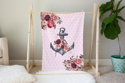 Nautical Bloom Floral Anchor Minky Blanket, Nautical Nursery Bedding