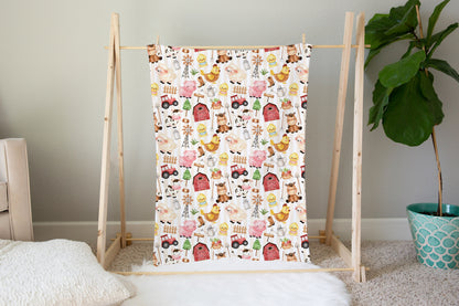 Farm Animals Minky Blanket, Barnyard Nursery Bedding - Morgans Farm