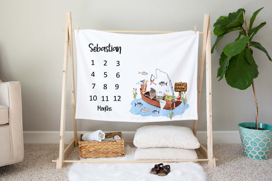 Personalized Fishing Milestone Blanket - Fishing Baby Blanket - Little Fisherman