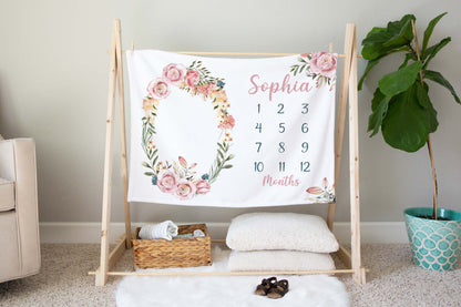 Personalized Pink Floral Minky Blanket, Watercolor Roses Milestone Blanklet - Candy Rose