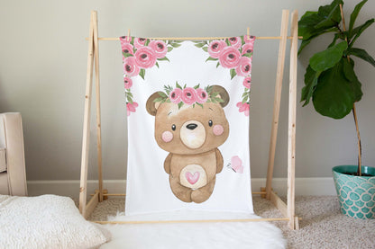 Floral Bear Minky Blanket - Girl Bear Nursery Bedding - Beary Pink