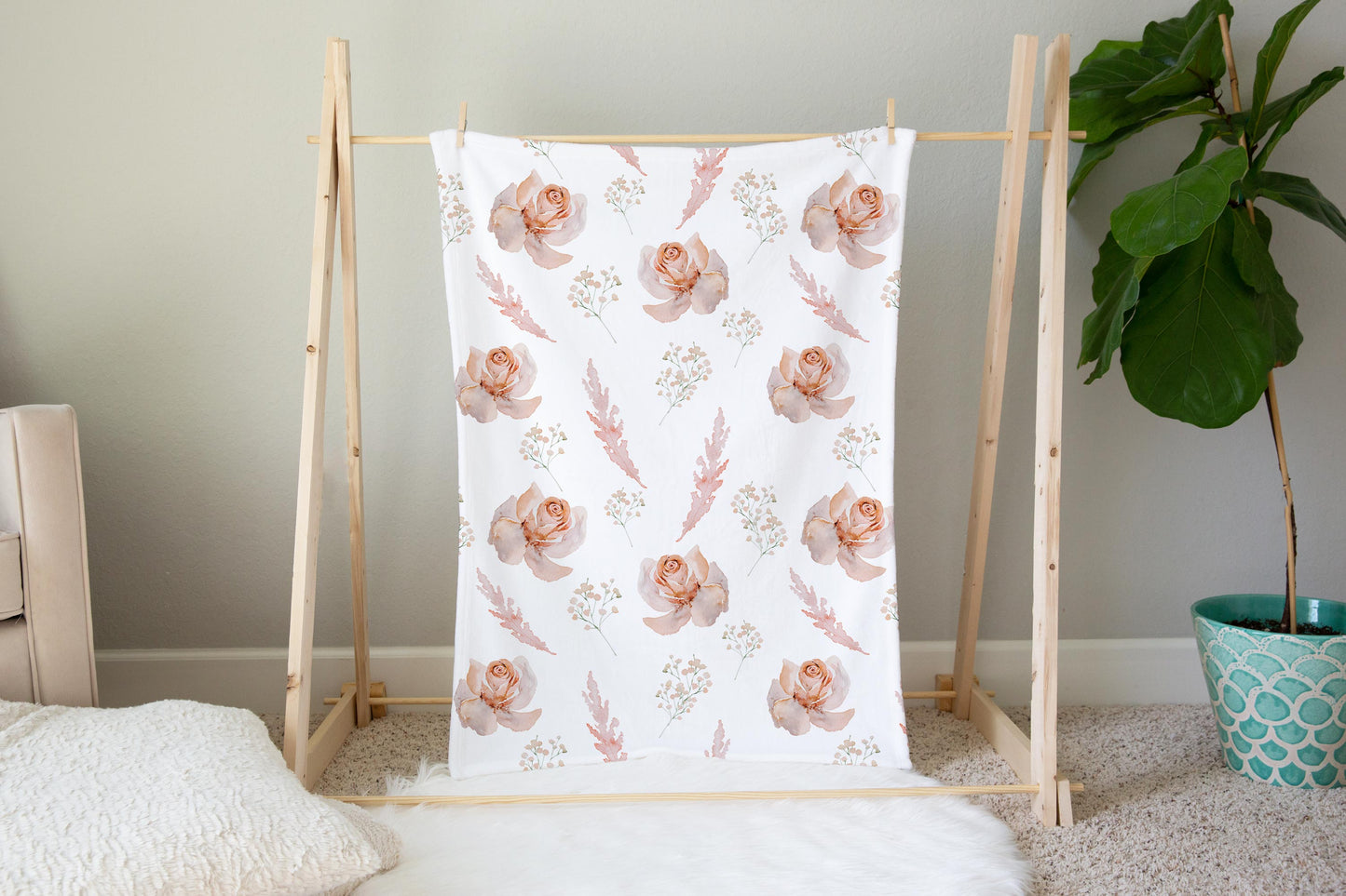 Roses Minky Blanket, Coral floral nursery bedding - Delicate Breeze