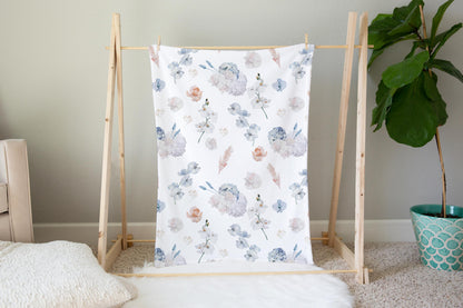 Coral and Dusty Blue Flowers Minky Blanket, Floral Nursery Bedding - Delicate Breeze