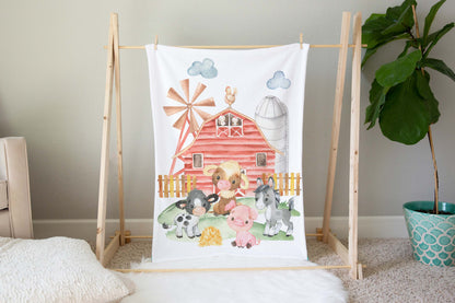 Farm animals baby blanket, Barnyard nursery bedding - Farm babies