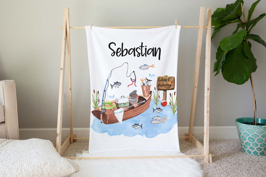 Fishing Personalized Minky Blanket, Gone fishing Nursery Bedding - Little Fisherman