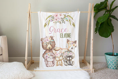 Girl woodland Personalized Minky Blanket, Forest animals Nursery Bedding - Forest Friends