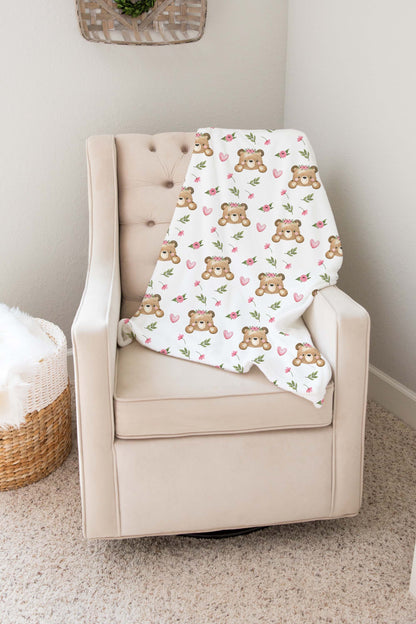 Floral Bear Minky Blanket - Girl Bear Nursery Bedding - Beary Pink