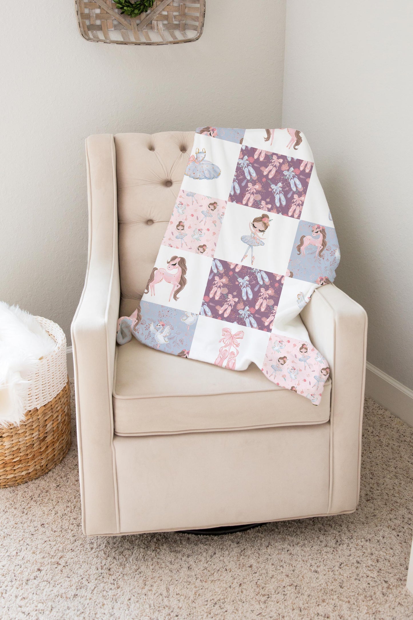 Lavender Ballerina Minky Blanket Checkered, Ballet Nursery Bedding - Sweet Ballet