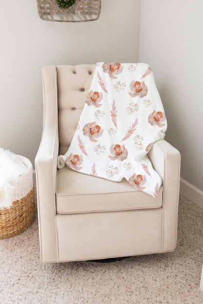 Roses Minky Blanket, Coral floral nursery bedding - Delicate Breeze