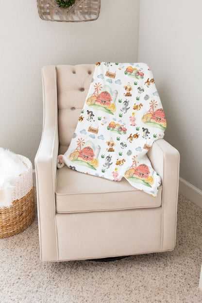 Farm Animals Minky Blanket, Barnyard  Nursery Bedding - Farm Babies