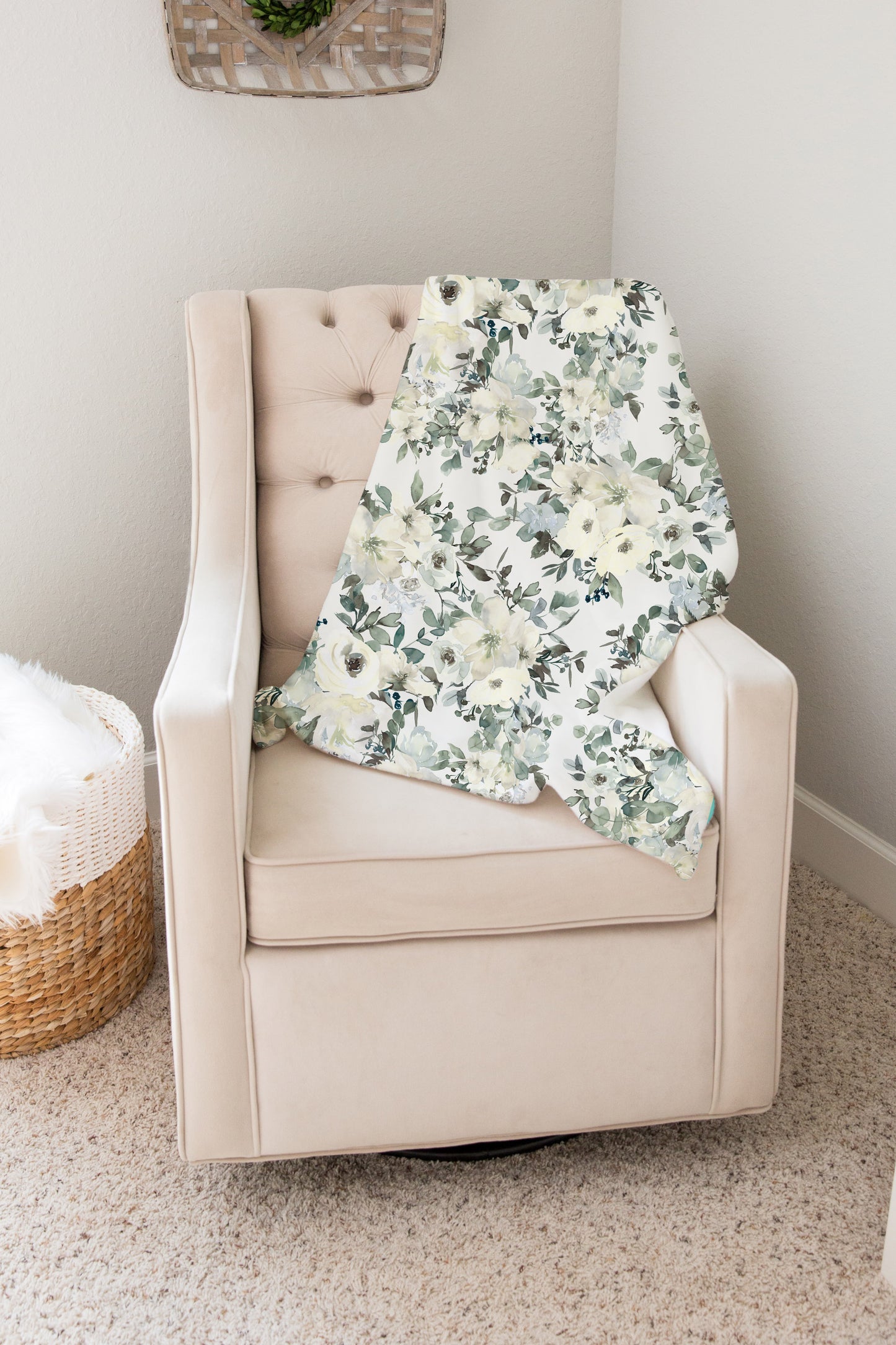 White Floral Minky Blanket, Girl Bedding - Ivory Florals