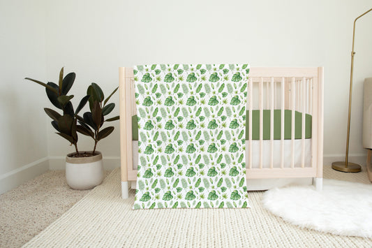 Tropical Leaves Minky Blanket, Jungle Nursery Bedding - Safari Explorer