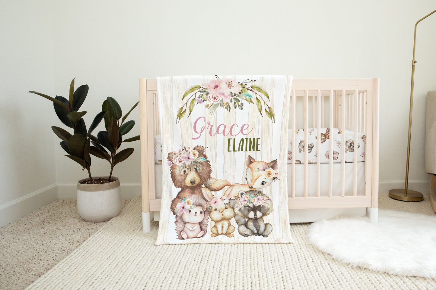 Girl woodland Personalized Minky Blanket, Forest animals Nursery Bedding - Forest Friends