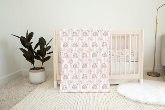 Pink Stripes Rainbow Minky Blanket, Rainbow Nursery Bedding - Blush Rainbow