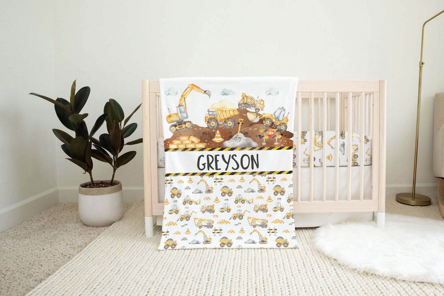 Construction Personalized Minky Blanket, Construction Nursery Bedding - Under construction