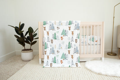 Scandinavian Forest Animals Minky Blanket, Woodland Nursery Bedding - Scandi Woodland