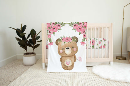 Floral Bear Minky Blanket - Girl Bear Nursery Bedding - Beary Pink