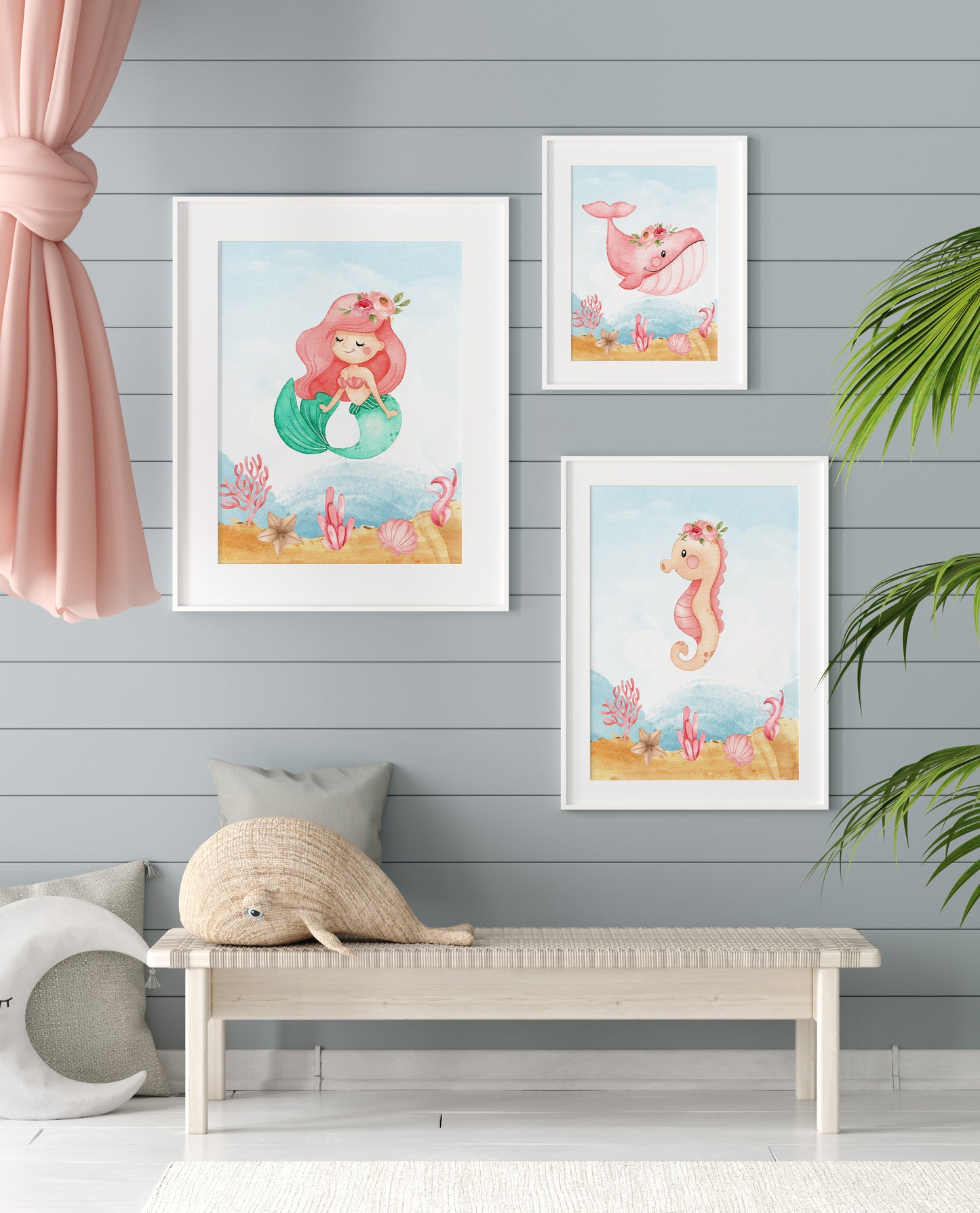 Mermaid Wall Art, Girl Under The Sea Nursery Prints - Set of 4