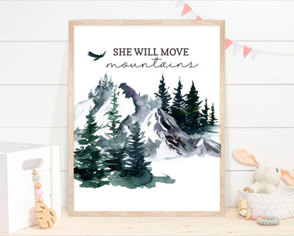 She will move Mountaians, PRINTABLE Forest Wall Art, Woodland Nursery Print