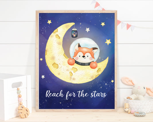 Reach for the stars, PRINTABLE Moom Wall Art, Space Nursery Print