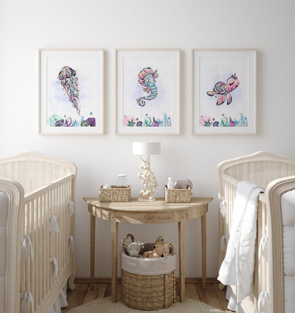 Girl Under The Sea Nursery Prints | Girl Ocean Wall Art Set of 3 - Mermaid World