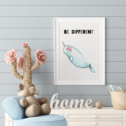 Floral Narwhal Nursery Print, Be Different - DIGITAL DOWNLOAD