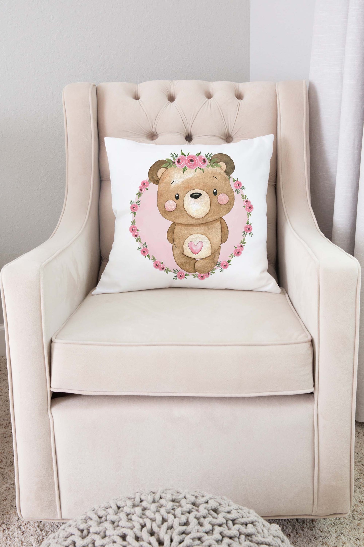 Floral Bear Pillow Cover, Woodland Nursery decor - Beary Pink