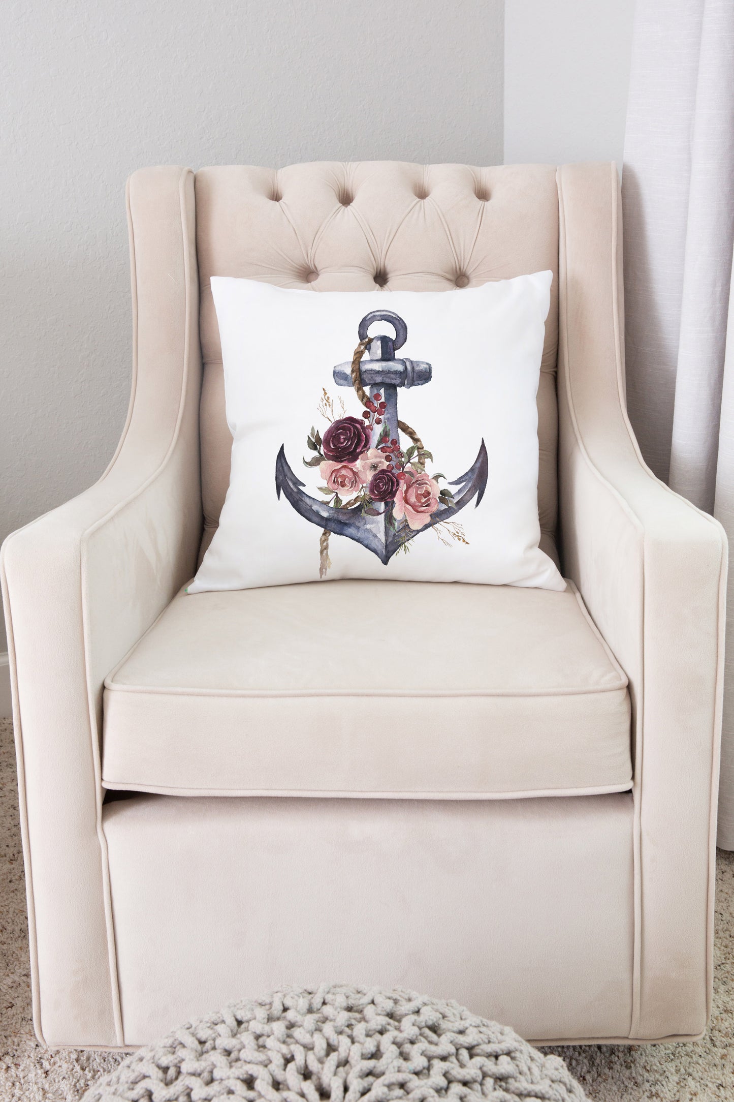 Floral Anchor Pillow, Girl Nautical Nursery Decor - Nautical Bloom