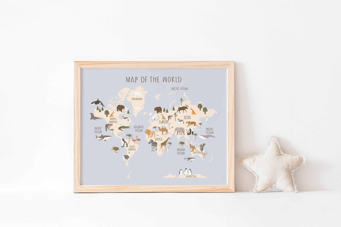 Amimal world map, PRINTABLE world map Wall Art, Educational Nursery Print