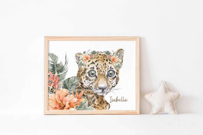 Personalized Girl Leopard wall art, Safari Nursery Print Unframed