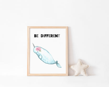 Floral Narwhal Nursery Print, Be Different - DIGITAL DOWNLOAD