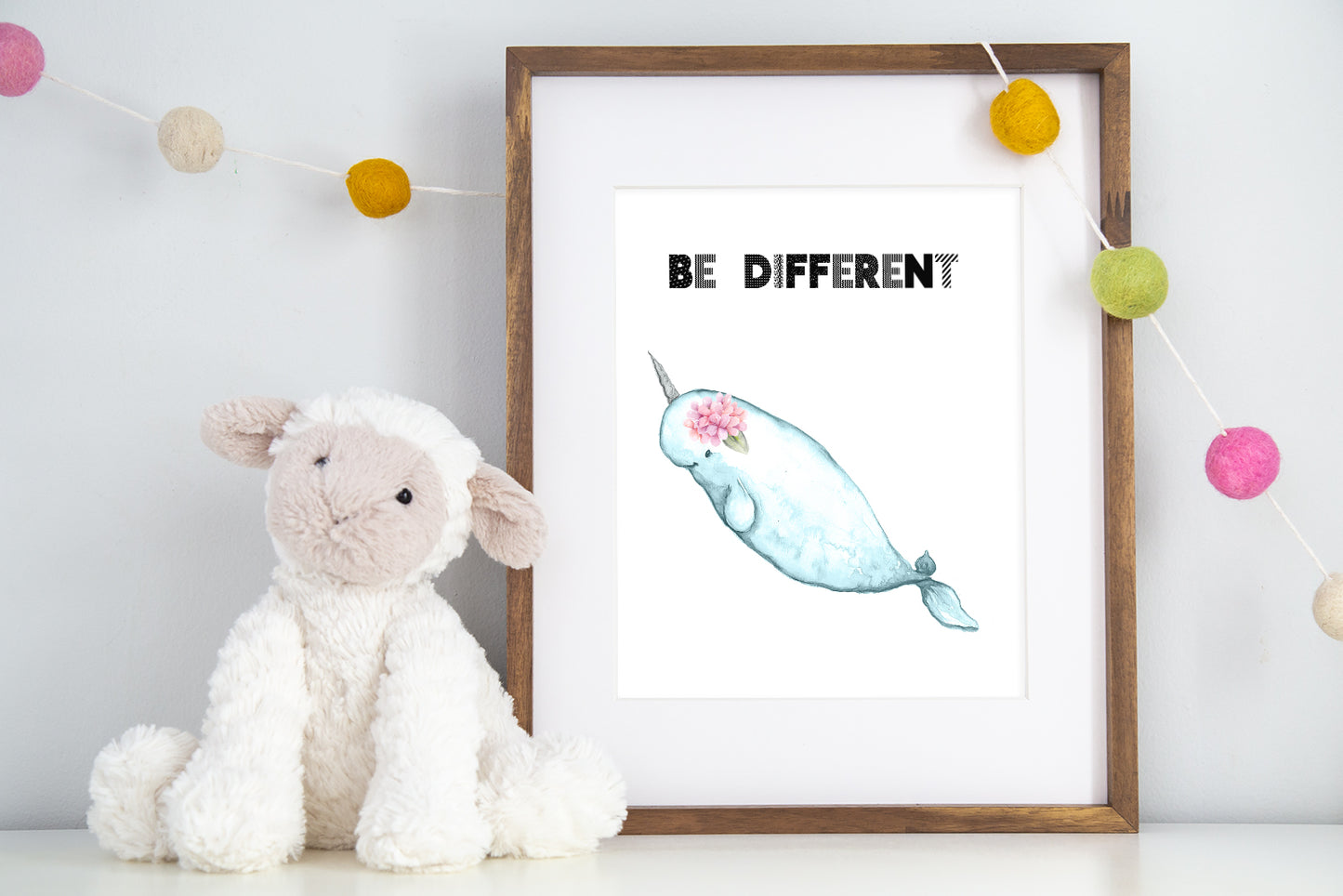 Floral Narwhal Nursery Print, Be Different - DIGITAL DOWNLOAD