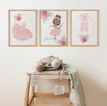 Personalized Ballerina Wall Art, Ballet Nursery Décor Set of 3 Unframed Prints - Sweet Ballet