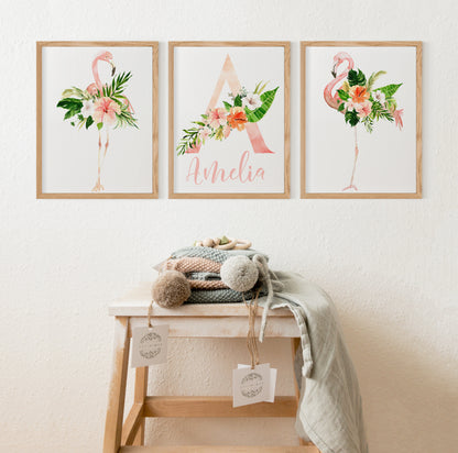 Personalized Flamingo Wall Art, Girl Nursery Decor - Set of 3 Unframed Prints