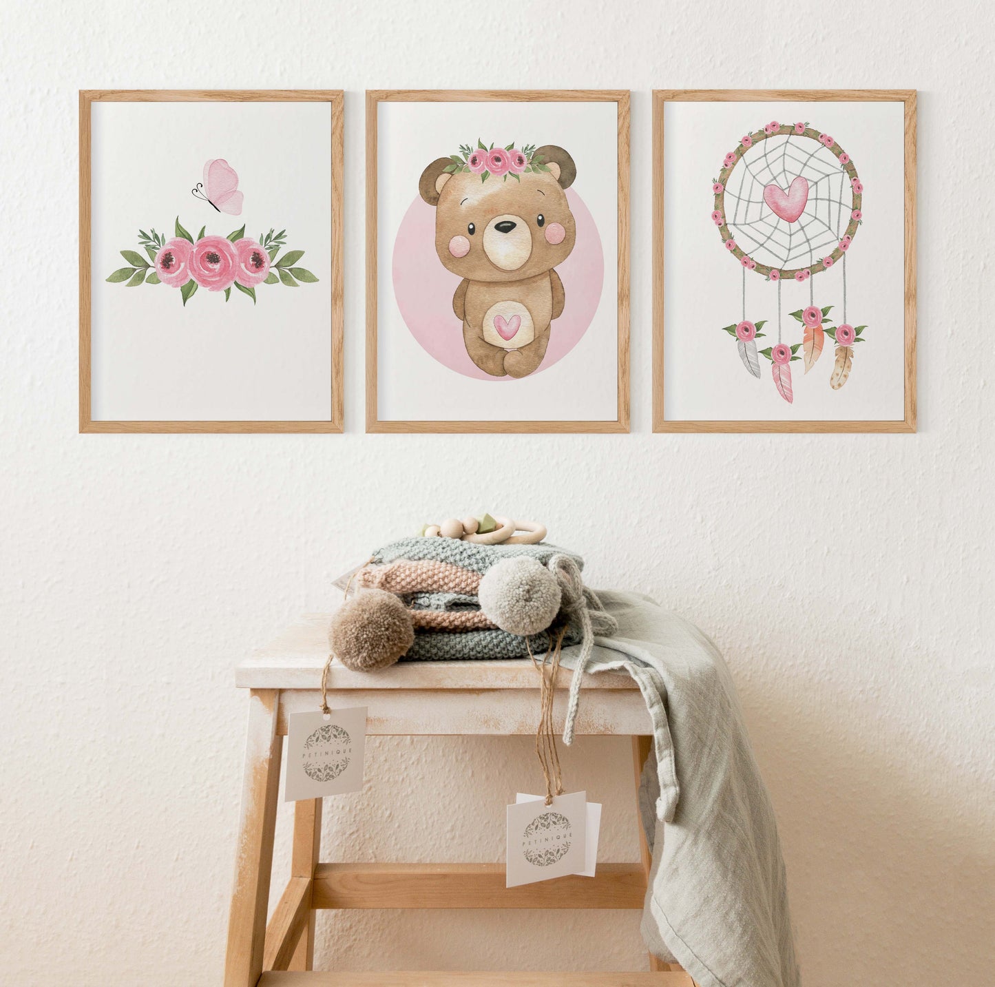 Floral Bear Wall Art, Girl Bear Nursery Prints set of 3 - Beary Pink