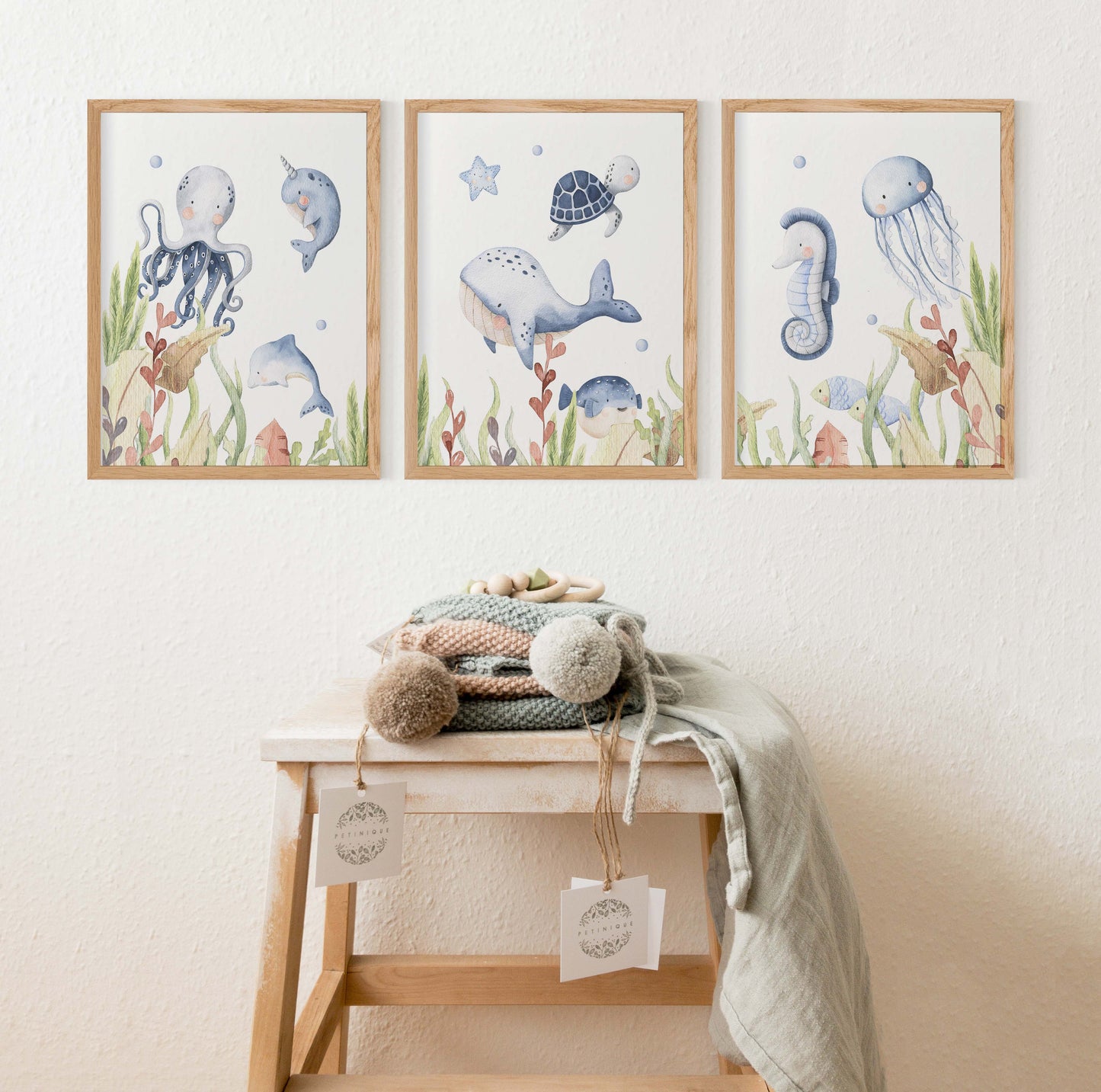 Under the sea Wall Art, Ocean animals Nursery Prints set of 3 - Little Ocean