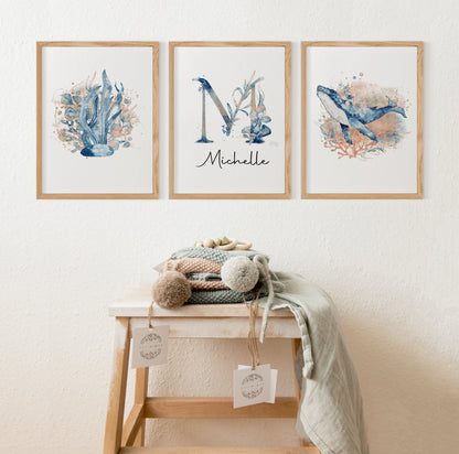 Personalized Whale Wall Art, Under the sea Nursery Decor Set of 3 Unframed Prints