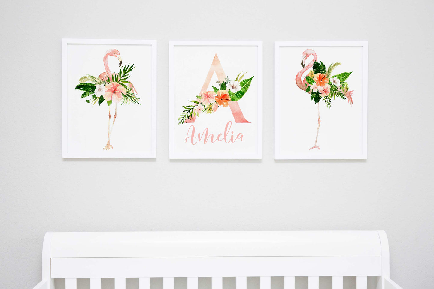 Personalized Flamingo Wall Art, Girl Nursery Decor - Set of 3 Unframed Prints