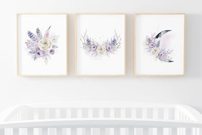 Floral Boho Wall Art, Bohemian Nursery Prints set of 3