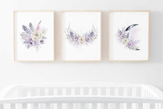 Floral Boho Wall Art, Bohemian Nursery Prints set of 3