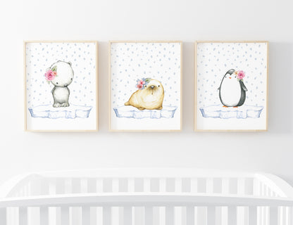 Girl Arctic Wall Art, Floral Arctic Animals Nursery Prints - Set of 3 DIGITAL DOWNLOAD