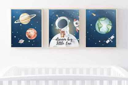 Dream Big Little One Wall Art, Space Nursery Prints set of 3